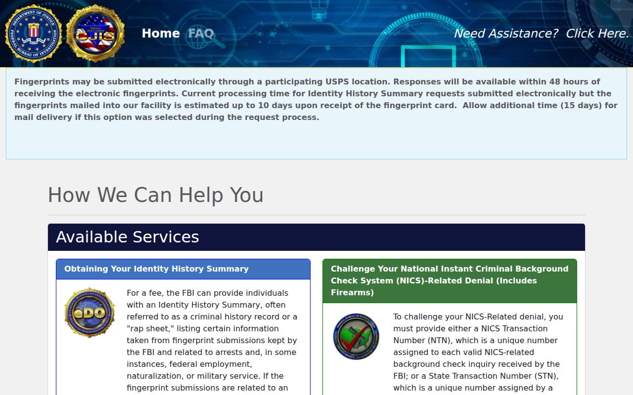Marshall County criminal history FBI identity self-review portal