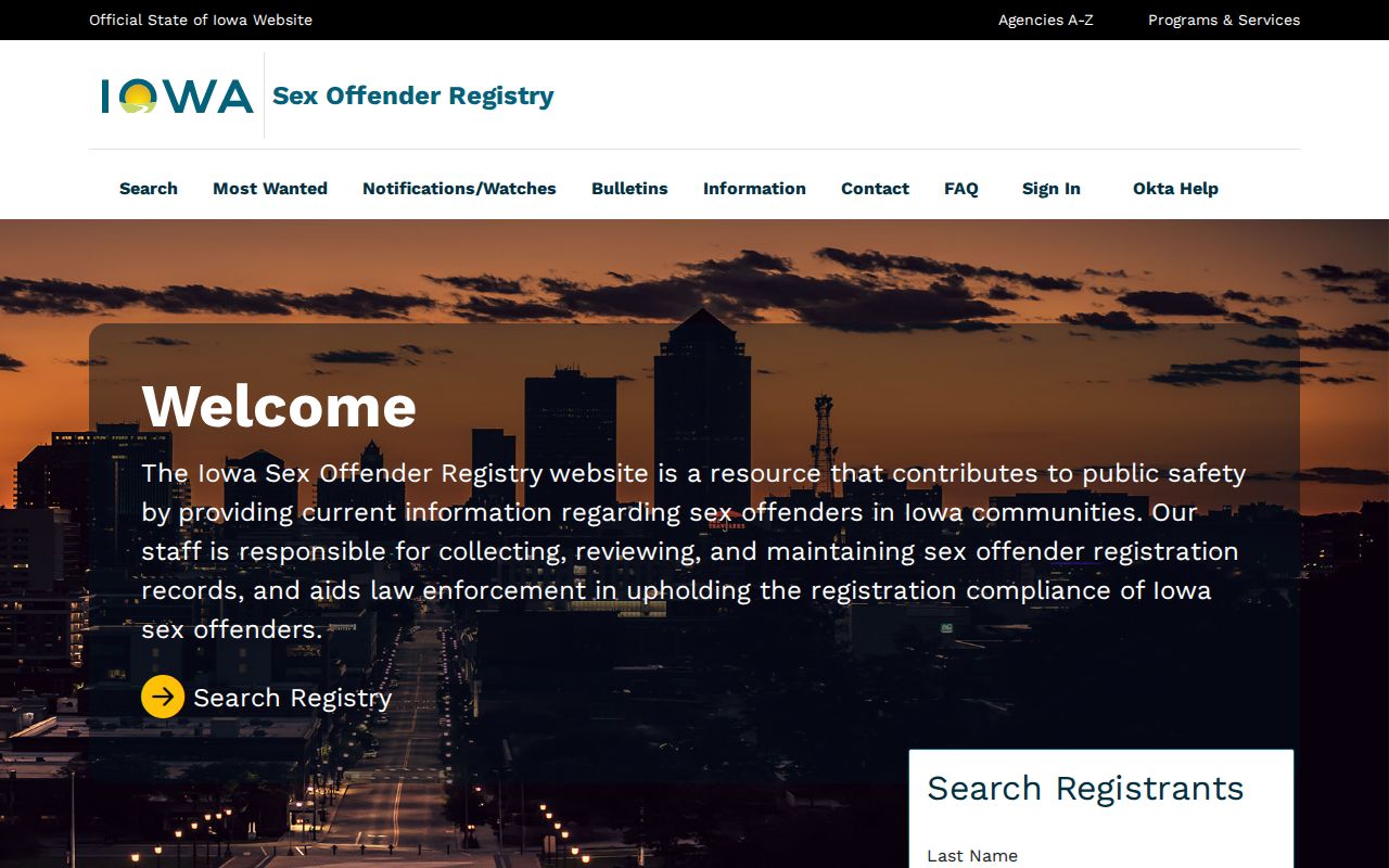 Official Iowa registry interface for Marshall County sex offender records