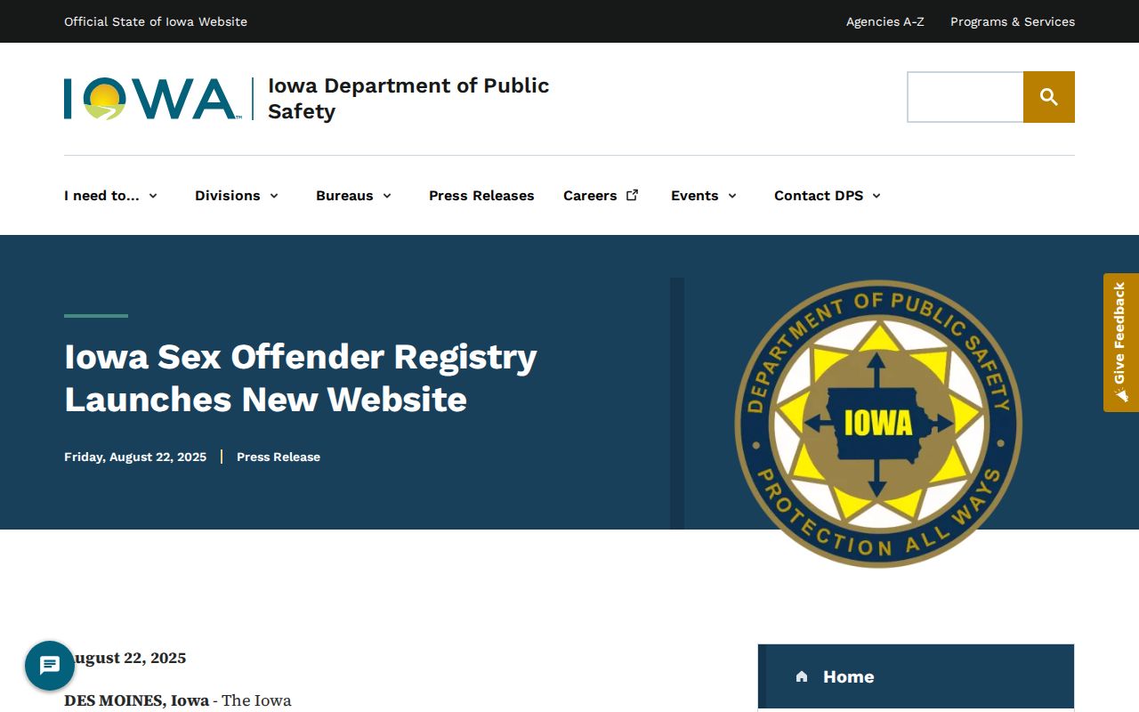 Marshall County sex offender registry redesign announcement from Iowa DPS